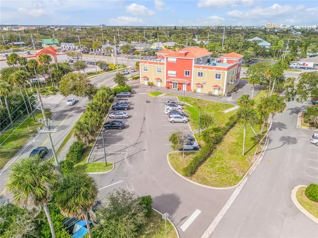 an aerial view of a swimming pool