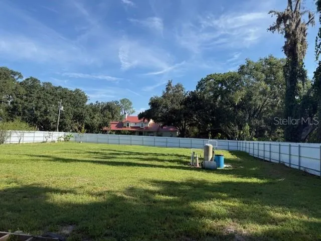 a view of a park with large trees