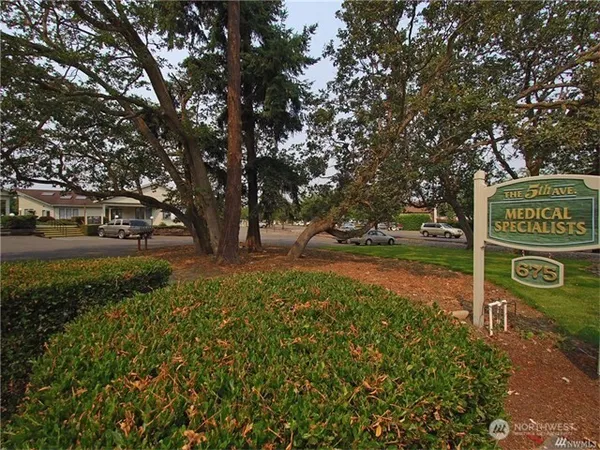 a sign board with tall trees