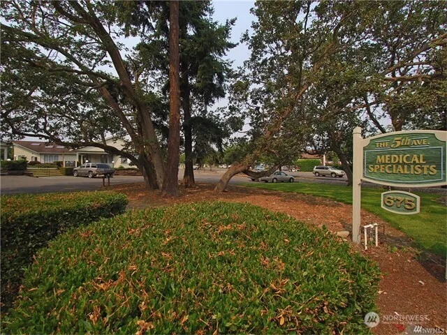a sign board with tall trees