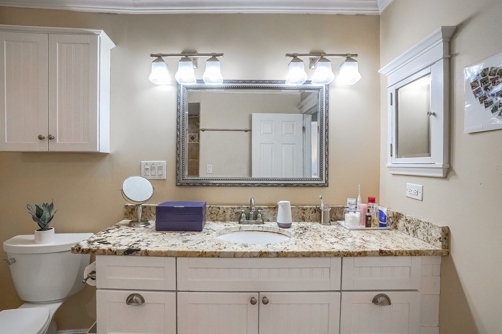 22 James Street, Unit 1 Brookline, MA 02446 - Photo 17 of 24 a bathroom with a granite countertop sink and a mirror