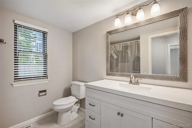 a bathroom with a toilet a sink a vanity and mirror