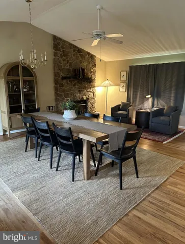 a view of a dining room with furniture