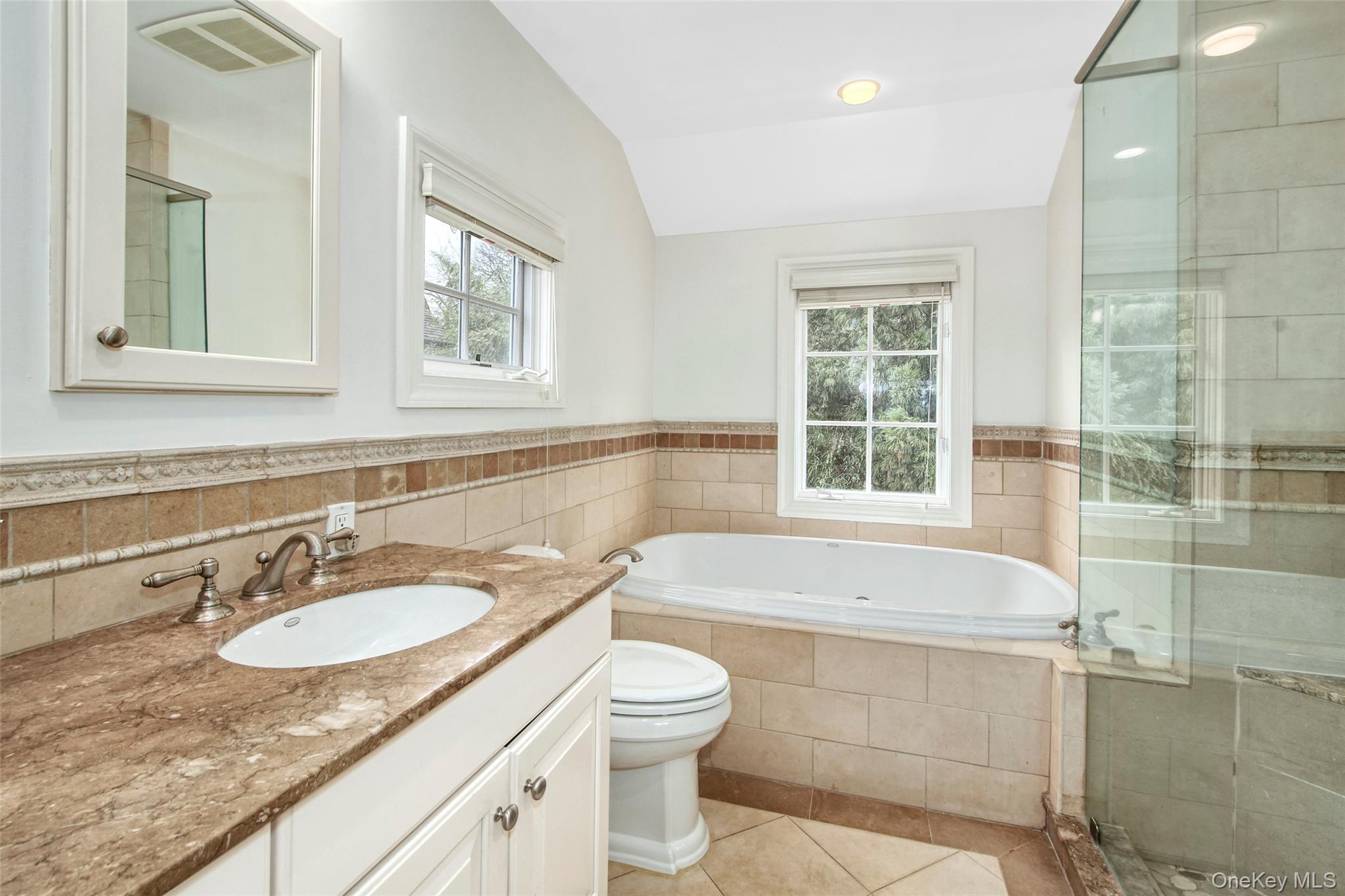 52 Intervale Place Rye, NY 10580 - Photo 18 of 26 a bathroom with a granite countertop sink mirror bathtub and toilet