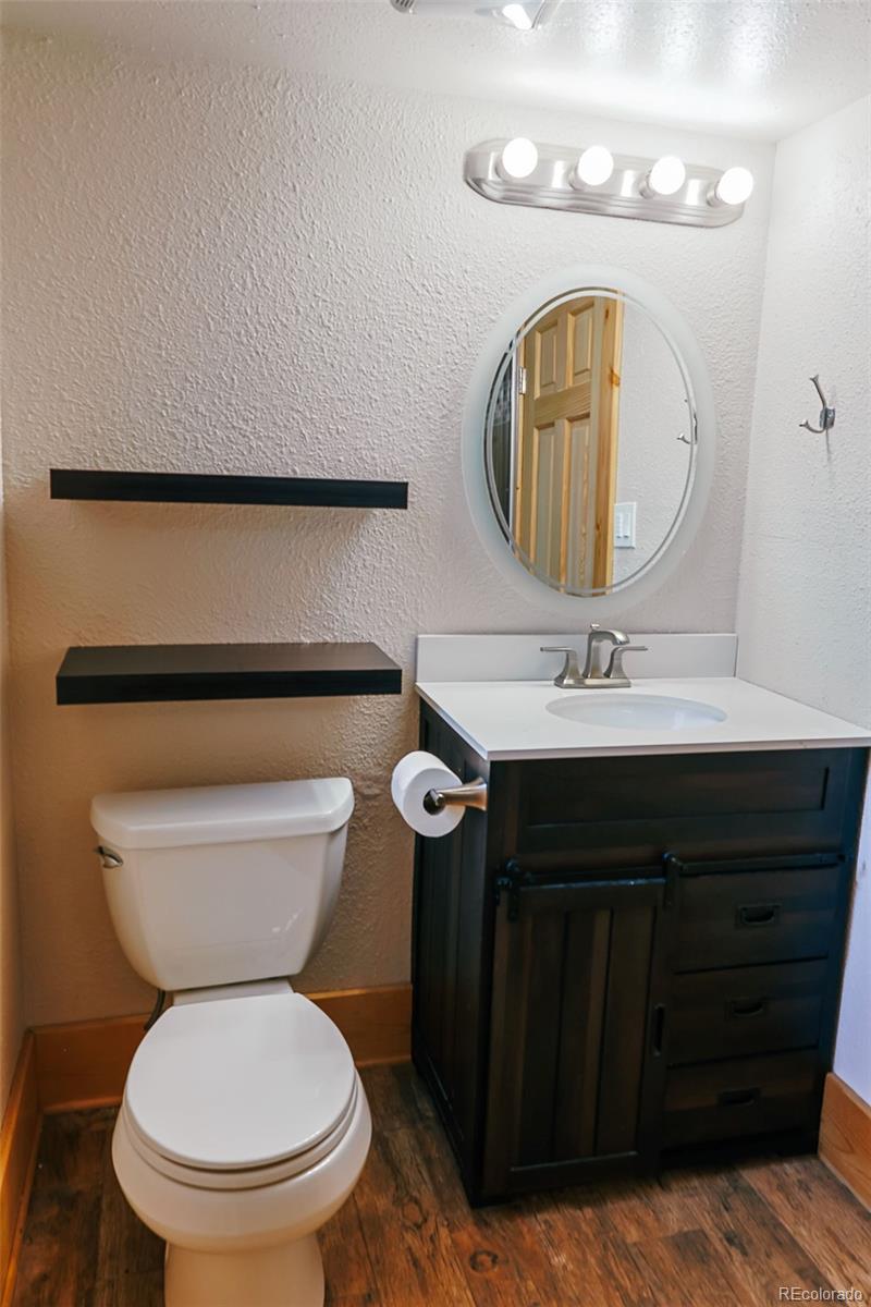 5237 South Olive Road Evergreen, CO 80439 - Photo 24 of 31 a bathroom with a toilet a sink and a mirror