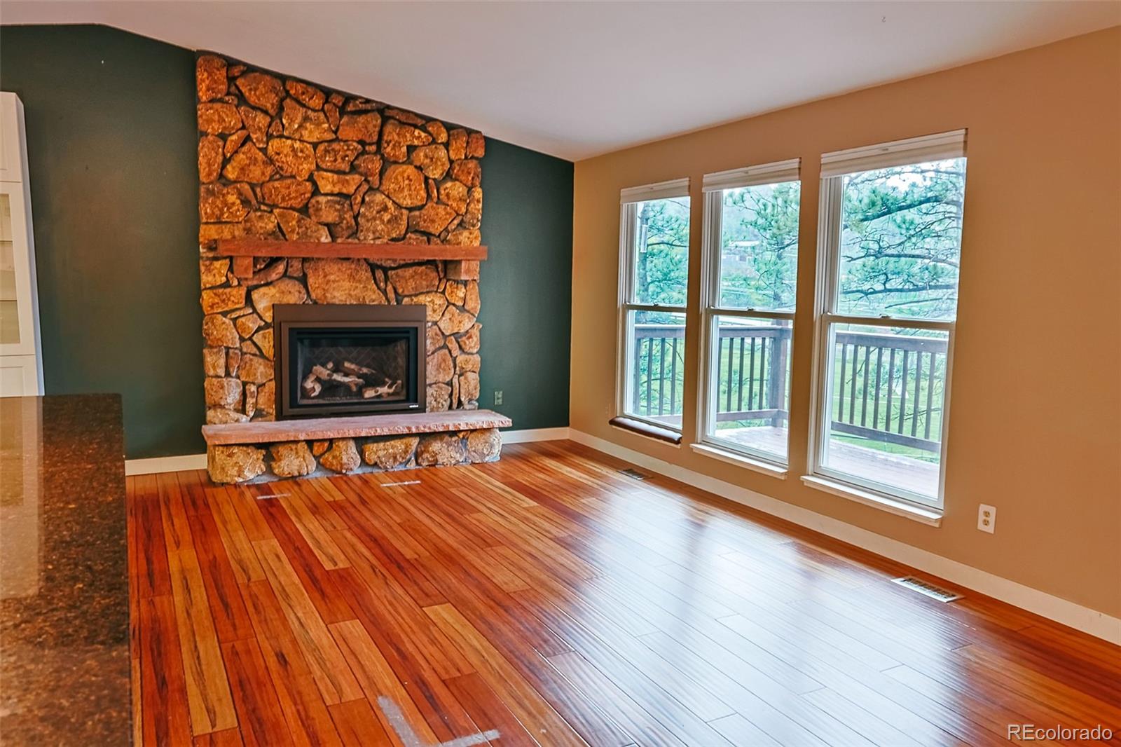 5237 South Olive Road Evergreen, CO 80439 - Photo 10 of 31 a view of an empty room with wooden floor fireplace and a window