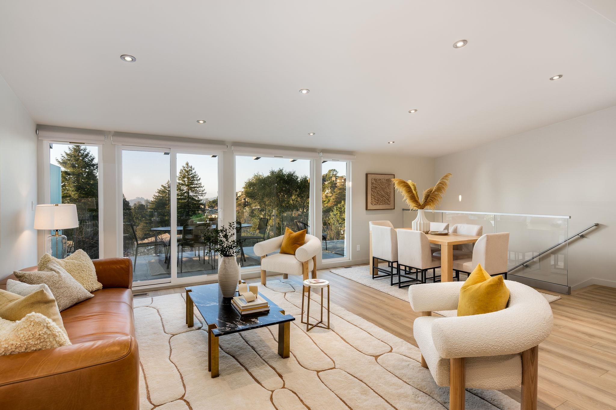 1468 Summit Road Berkeley, CA 94708 - Photo 12 of 59 Living room featuring wood finished floors, recessed lighting, and floor to ceiling windows