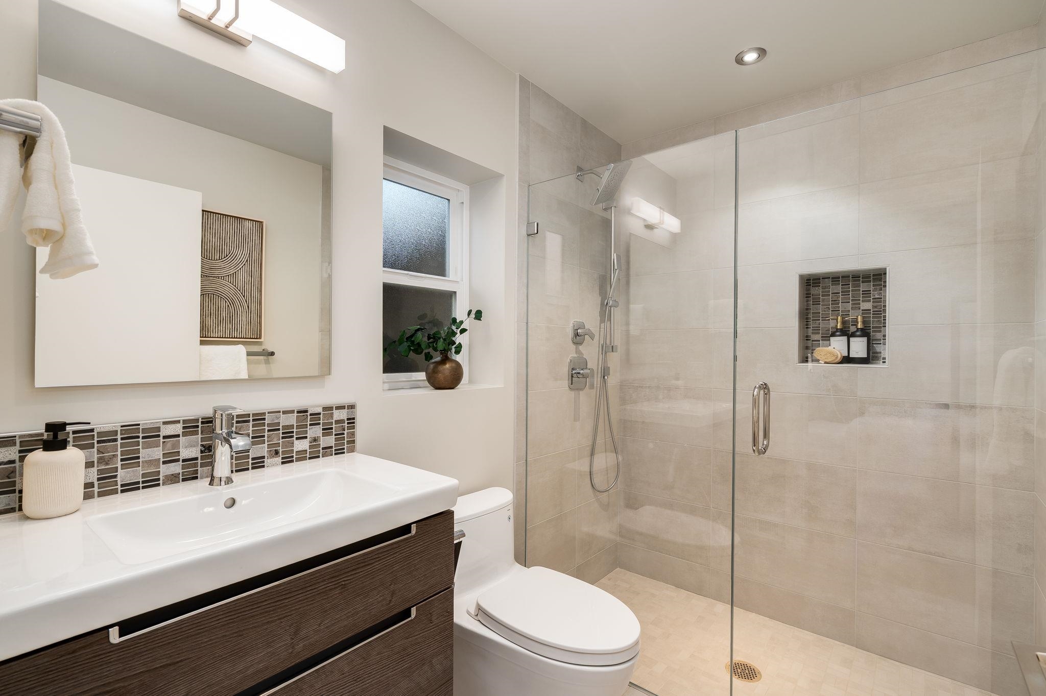 1468 Summit Road Berkeley, CA 94708 - Photo 18 of 59 Full bath featuring vanity, a stall shower, and backsplash