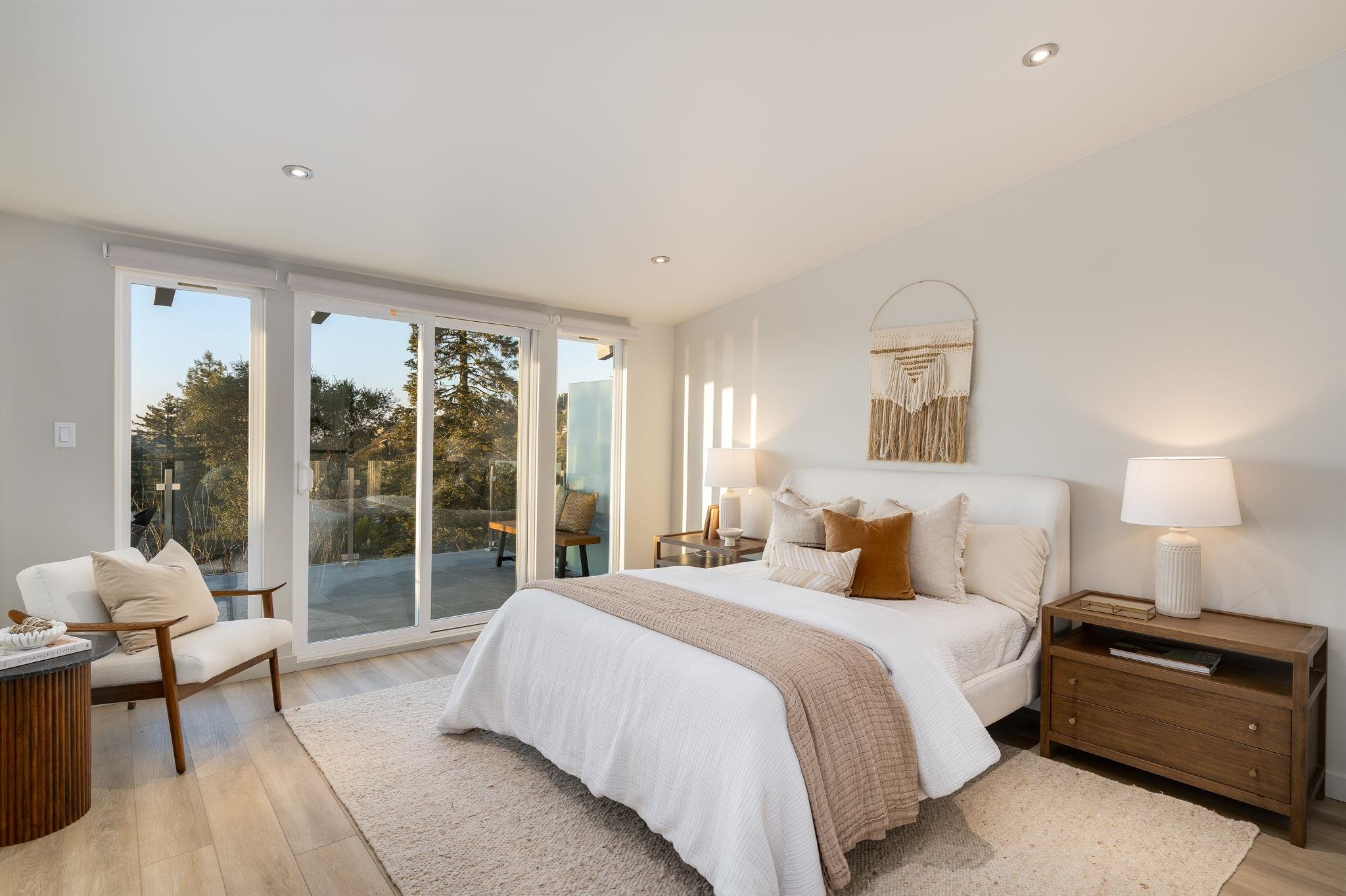 1468 Summit Road Berkeley, CA 94708 - Photo 20 of 59 Bedroom featuring light wood-style flooring, access to exterior, and recessed lighting