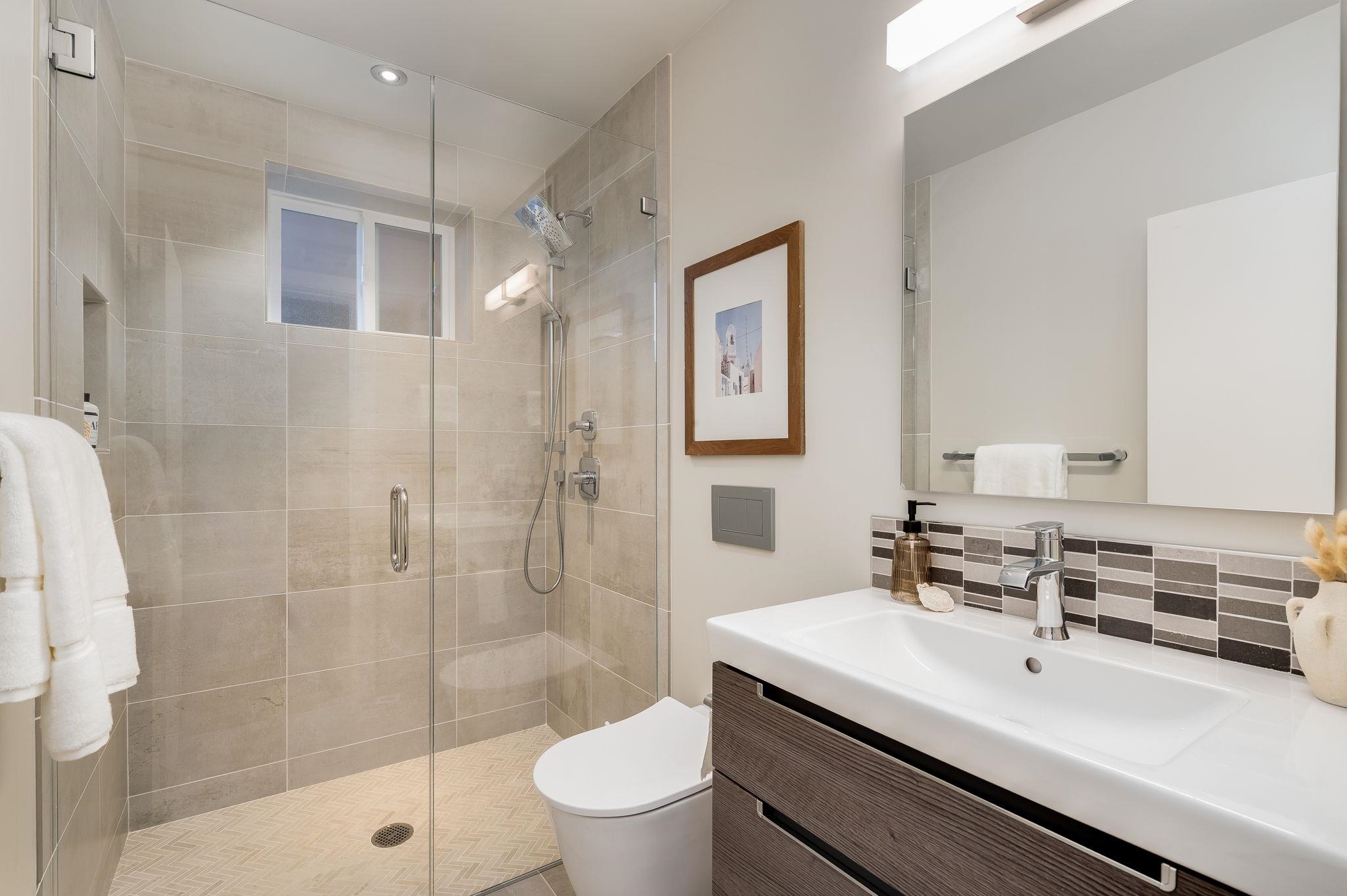 1468 Summit Road Berkeley, CA 94708 - Photo 27 of 59 Full bath featuring vanity, a shower stall, and tasteful backsplash