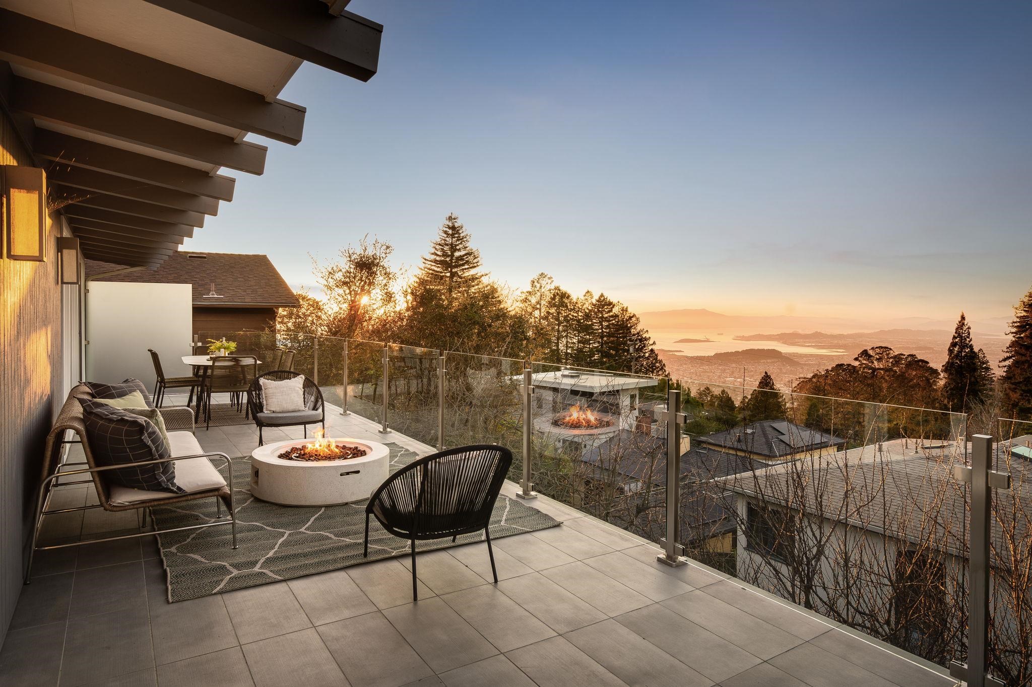 1468 Summit Road Berkeley, CA 94708 - Photo 3 of 59 Patio terrace at dusk with a fire pit and a patio
