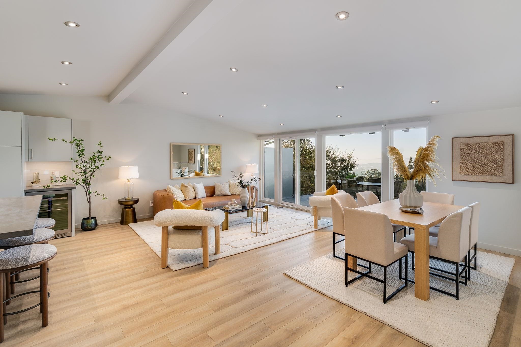 1468 Summit Road Berkeley, CA 94708 - Photo 6 of 59 Dining space featuring recessed lighting, wine cooler, vaulted ceiling with beams, and light wood-type flooring