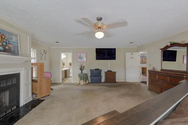 a view of a livingroom with furniture and a fireplace