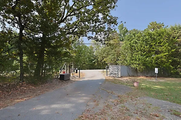 a view of a yard with large trees