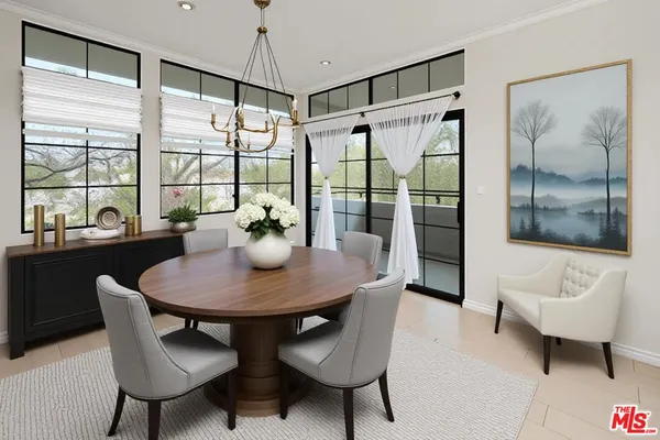 a view of a dining room with furniture window and outside view