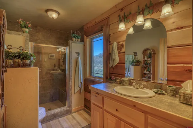 a bathroom with a sink vanity granite shower and a mirror