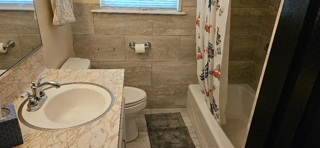a bathroom with a sink a toilet and shower
