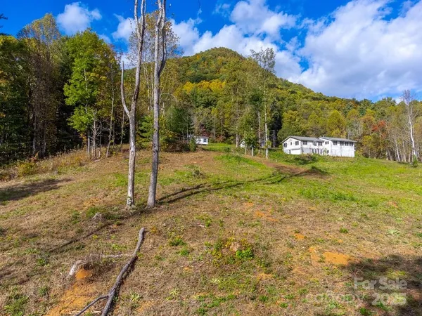 a view of a yard with mountains & house in the background