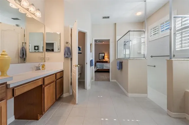 a bathroom with a sink a mirror and a shower