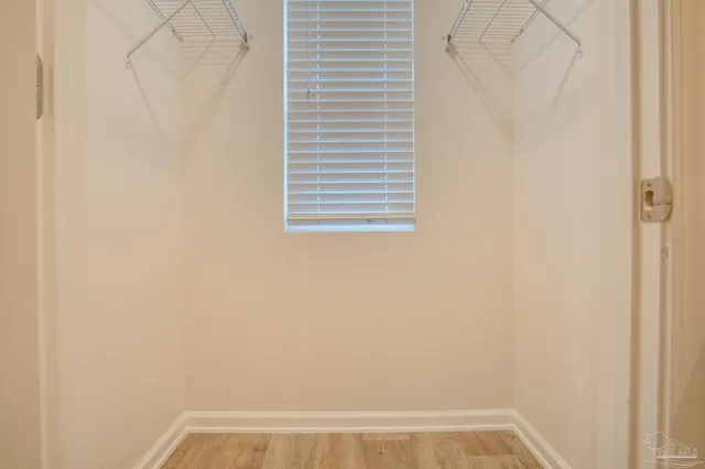 a view of a small space with a window