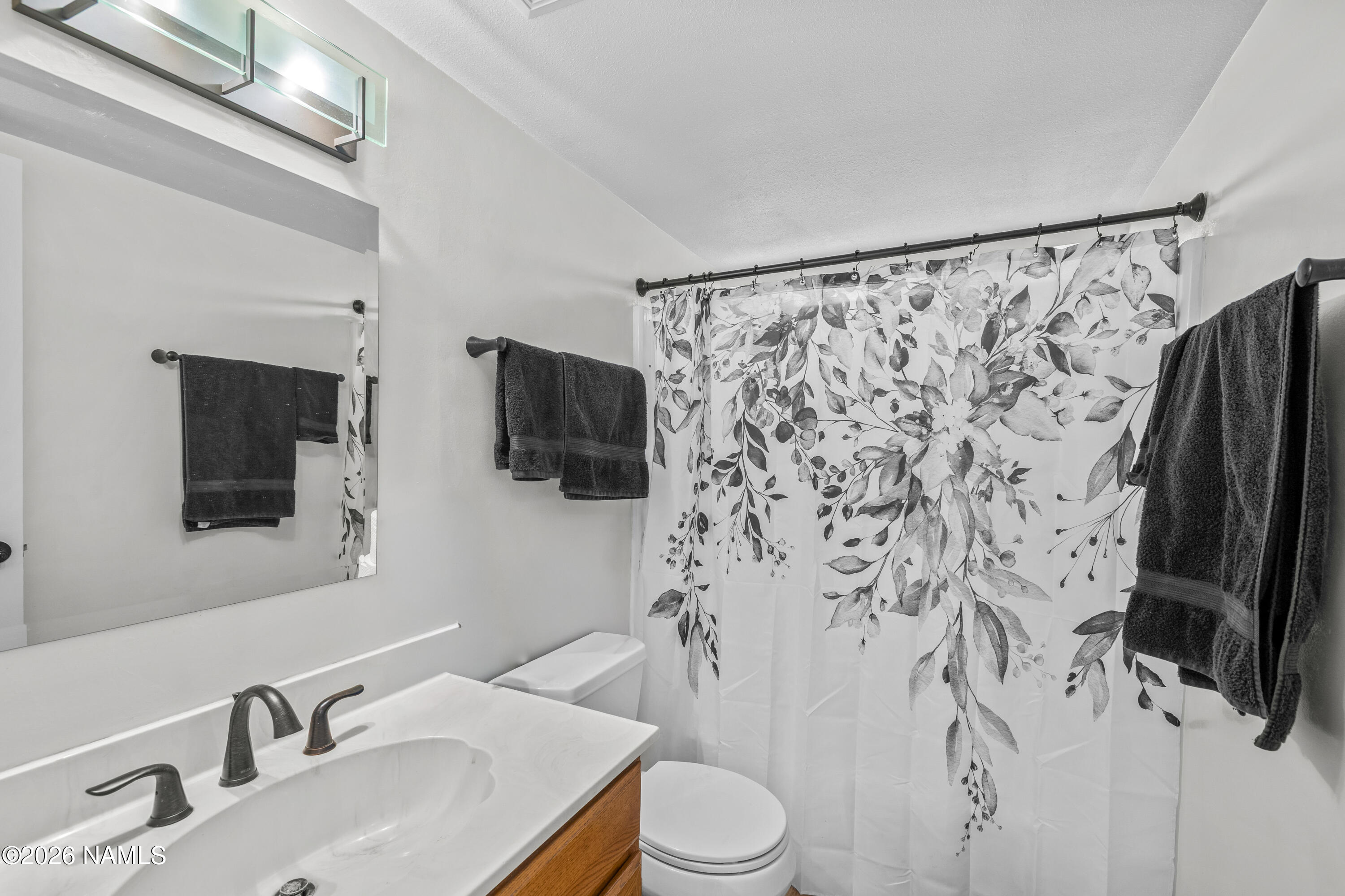 3971 North Swiss Road Flagstaff, AZ 86004 - Photo 28 of 43 a bathroom with a sink toilet mirror and shower