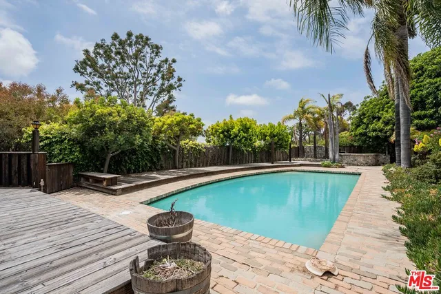 a view of a swimming pool with a lounge chair and palm trees