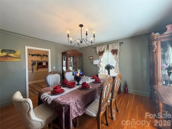 a dining room with furniture a potted plant and wooden floor