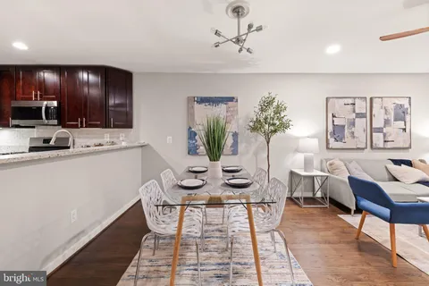 a view of a dining room with furniture