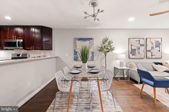 a view of a dining room with furniture