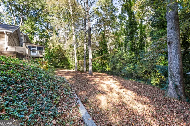 a view of a yard with plants and trees