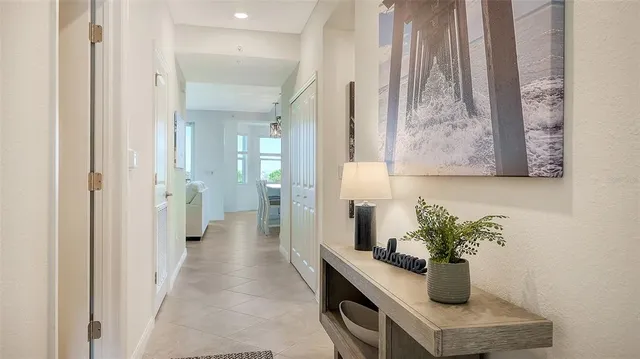 a view of a balcony with wooden floor