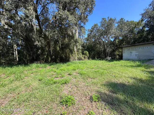 a view of green field with trees in the background