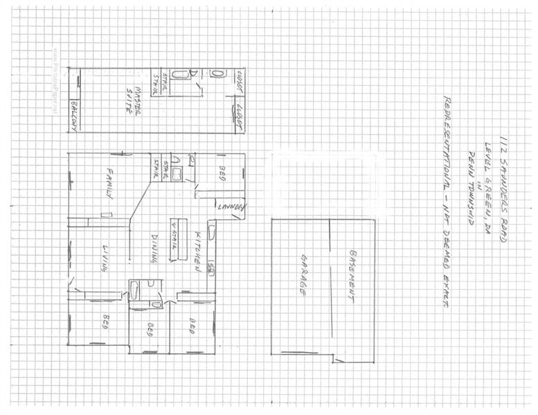This floor plan drawing was created to help you visualize the flow in the home. The bottom left section shows the main level which includes LR, DR, 4 Beds, 2 full baths, and kitchen. The section at the top is the upper level master suite.