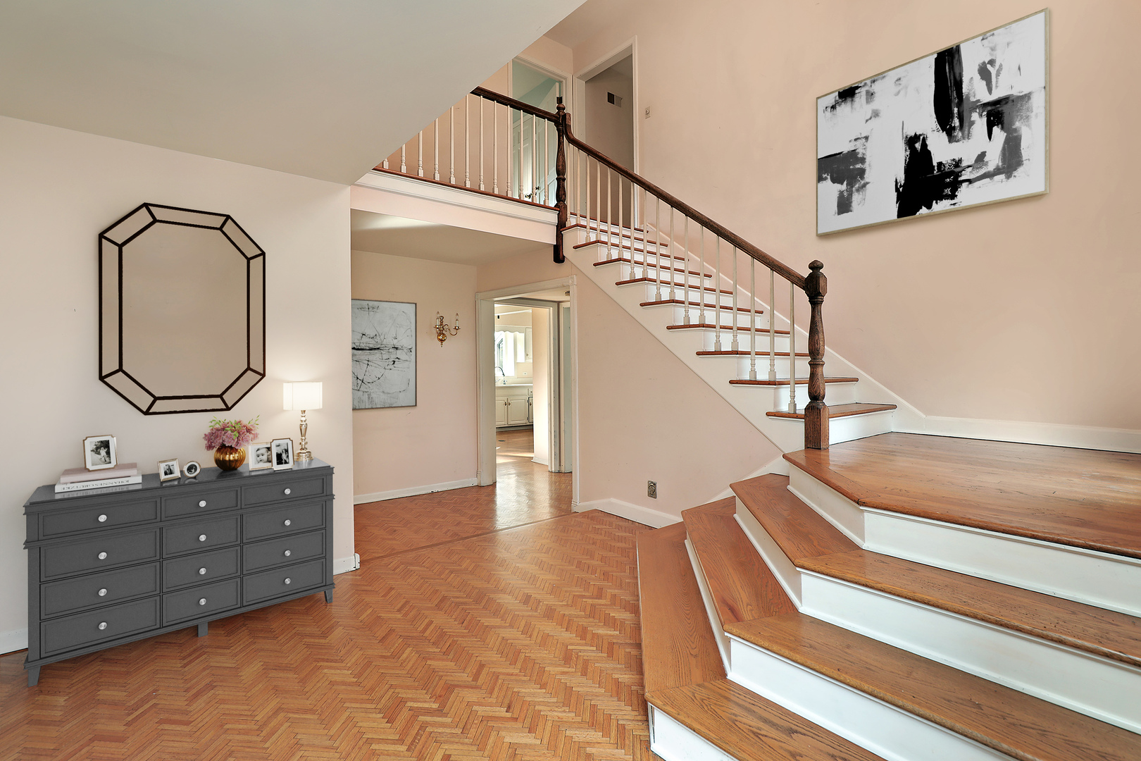 3815 Bordeaux Drive Northbrook, IL 60062 - Photo 47 of 56 a view of a hallway to a livingroom with wooden floor and stairs