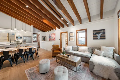 a living room with lots of furniture and a rug