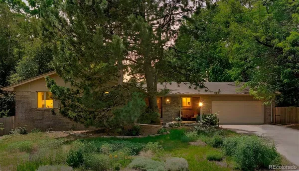 a backyard of a house with plants and tree