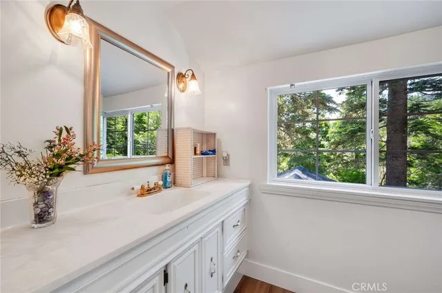 a bathroom with a sink and a large mirror