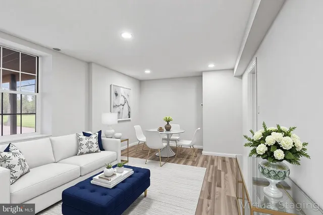 a living room with furniture flowerpot and a chandelier