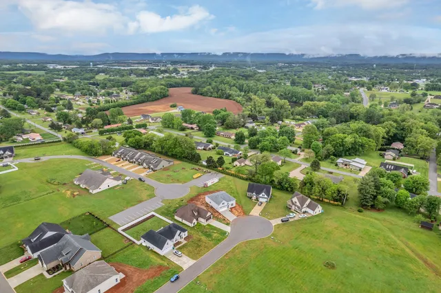 an aerial view of a residential houses with outdoor space and trees