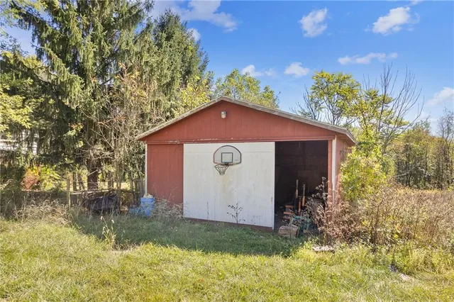 a view of a garden with large trees
