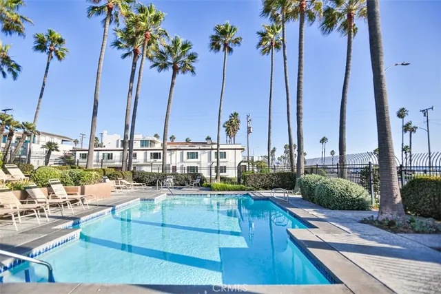 a view of an ocean with palm trees