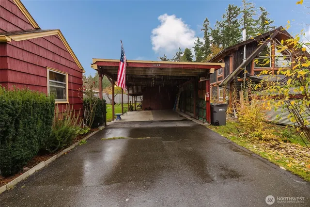 a view of a garage with storage