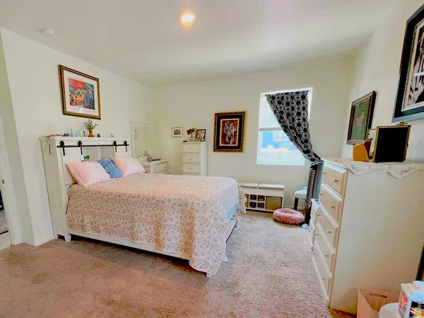 a bedroom with a bed and a window