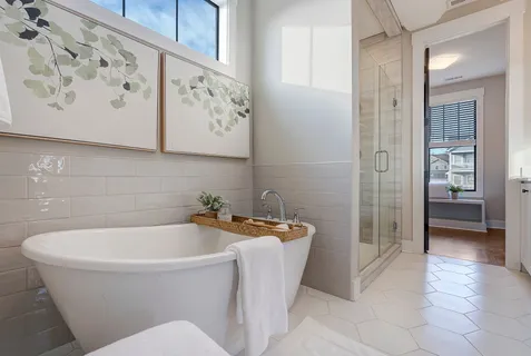 a bathroom with a bathtub and shower