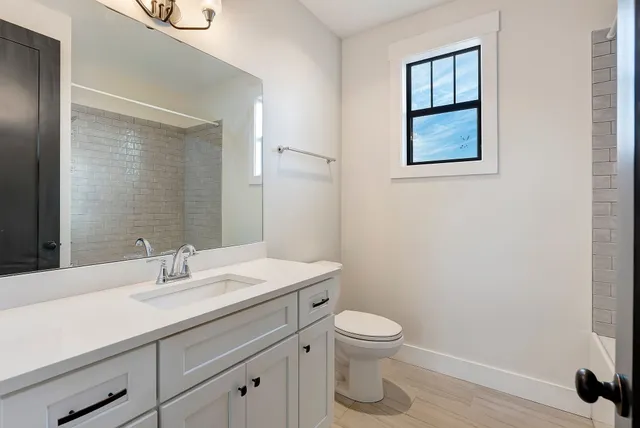 a bathroom with a toilet sink vanity and mirror