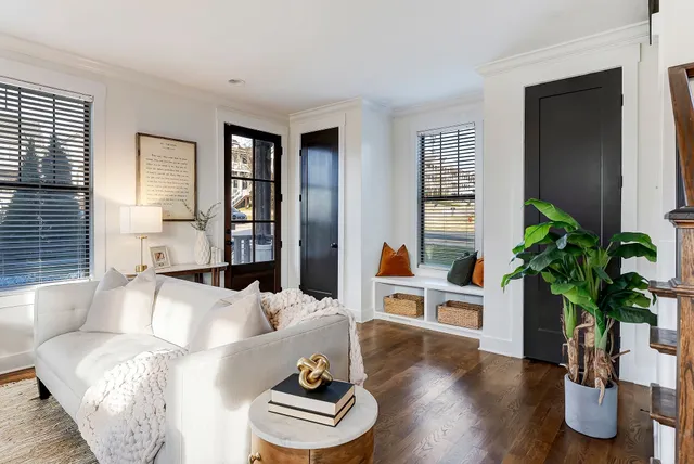 a living room with furniture potted plant and a wooden floor