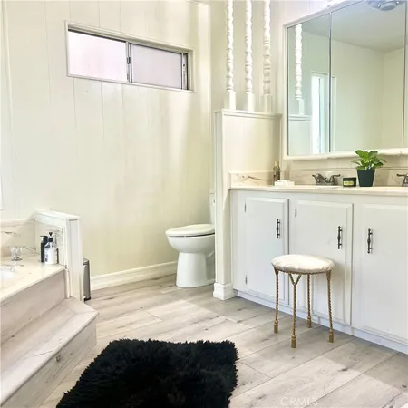 a large bathroom with a sink a toilet a mirror and vanity