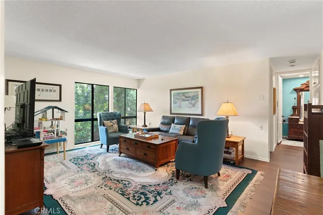 a living room with furniture a rug and a large window