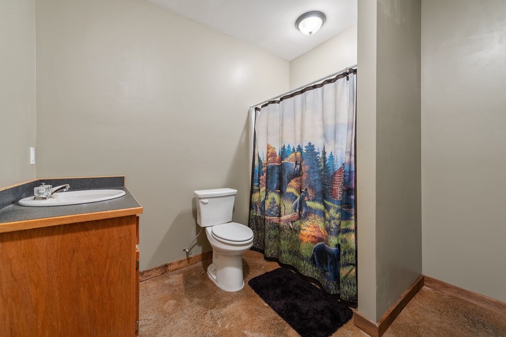 44 Lower Toccoa Hills Road Blue Ridge, GA 30513 - Photo 27 of 36 a bathroom with a toilet and a shower curtain