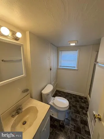 a bathroom with a sink a toilet and mirror